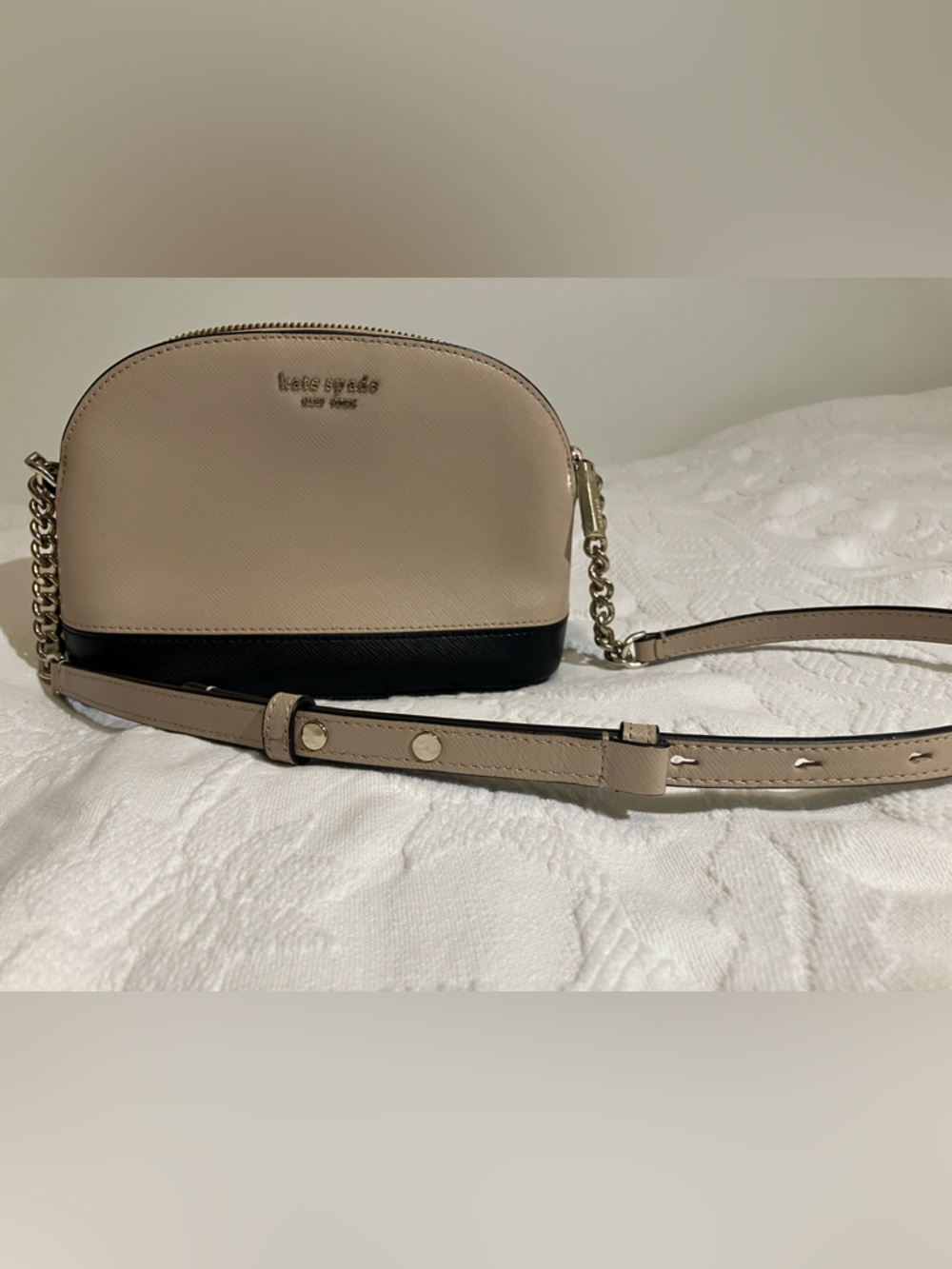 Beige and Black Crossbody Bag with Chain Accent - Picture 9 of 12